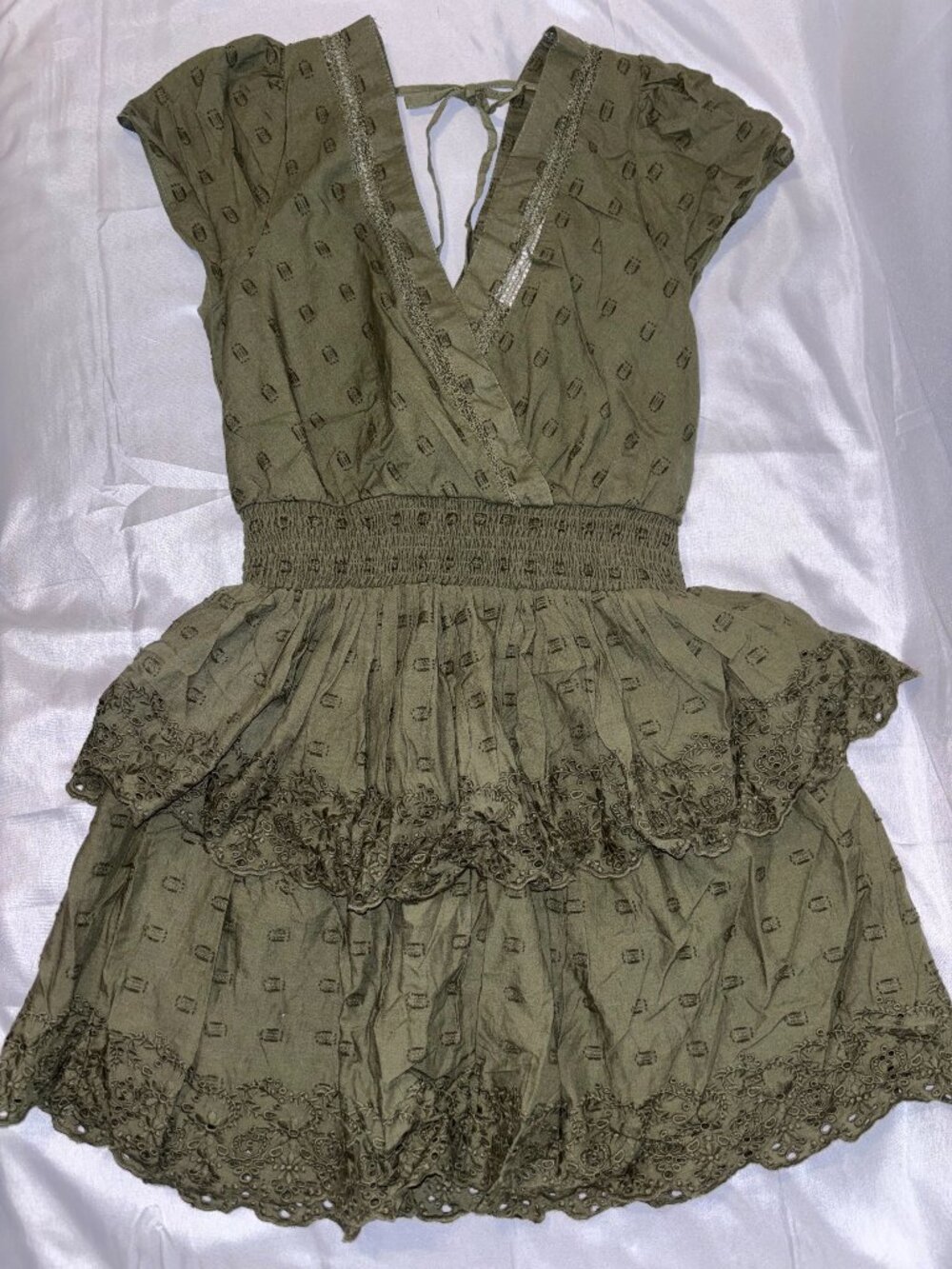 American Eagle Olive Green Embroidered Ruffle Mini Romper Dress Size Small NWT
